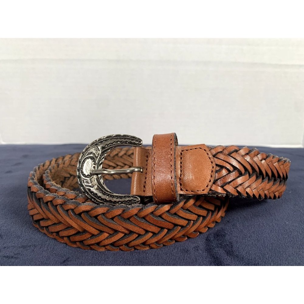 Vintage Womens Braided Belt Leather Brown Medium Solid‎ Silver Tone Buckle Nice - Picture 2 of 16